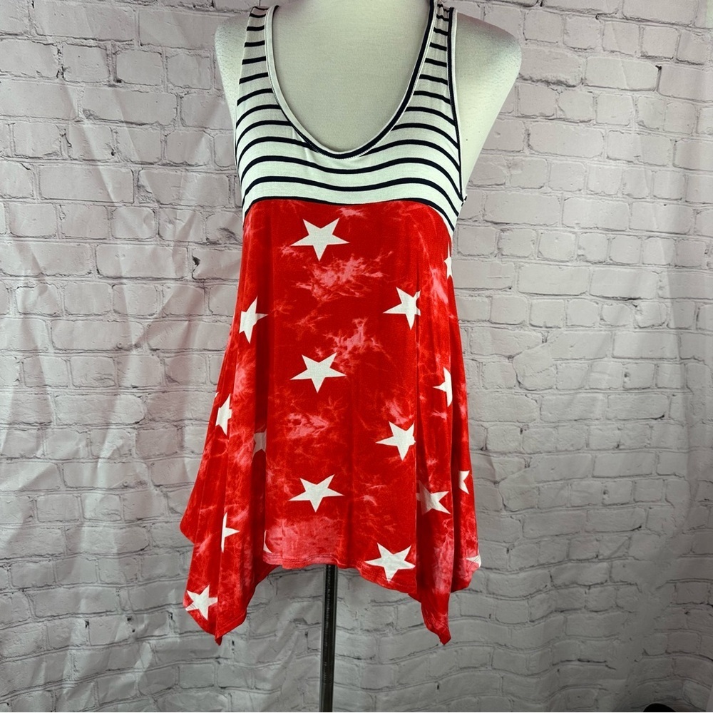 NWT boutique fireworks Red White Star navy stripes Patterned Womens tank Top